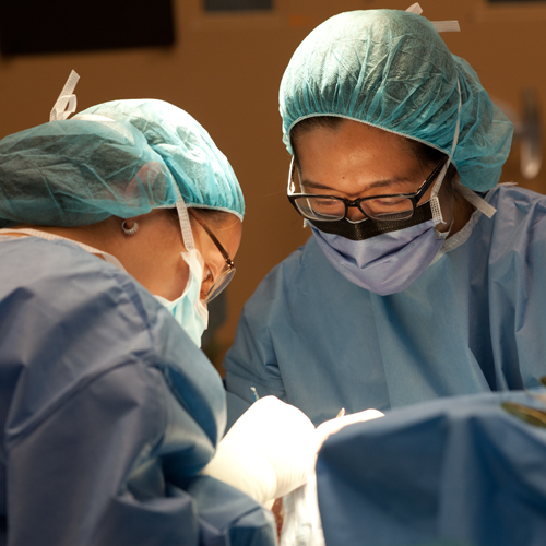 A surgeon and senior resident performing a surgical procedure. 